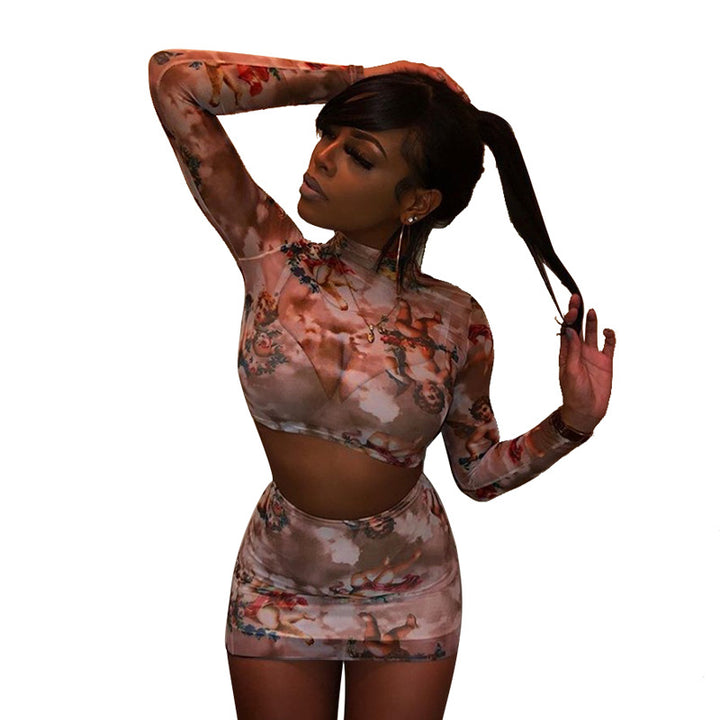 Dame Crop Top og Mini Nederdel Sæt med Kunstmotiv Stilla