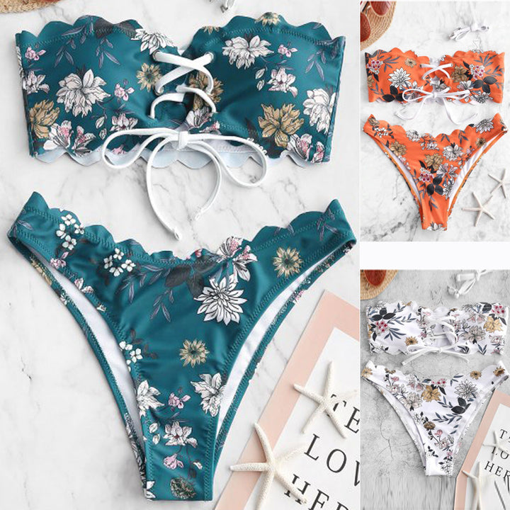 Dame Bandeau-bikini-sæt med blomsterdesign og moderne snøring Stilla