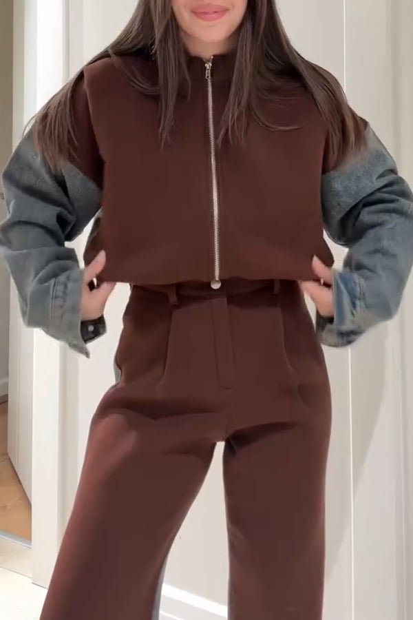 Stilla | Casual Denim Patchwork Sweatshirt Jakke med Lynlås