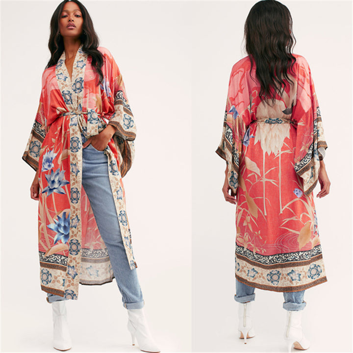 Dame Boho-stil strandtunica med blomstermønster og elegant snit Stilla