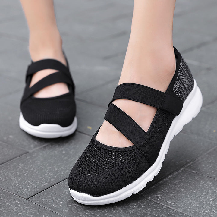 Dame nan åndbar strik-ballerina med justerbar velcro og dämpende sål Skovae