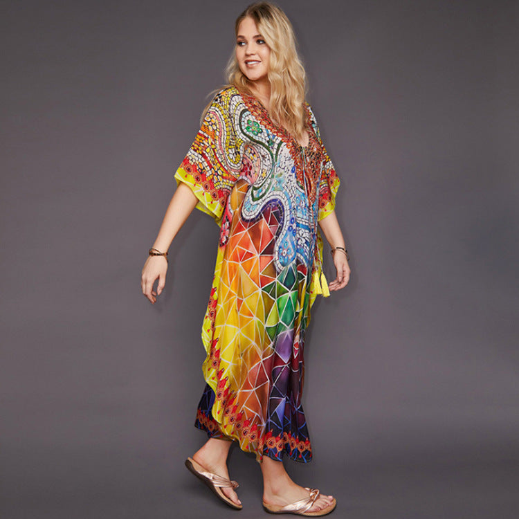 Dame Strandmode Kaftan med kunstnerisk mønster og bred pasform Stilla