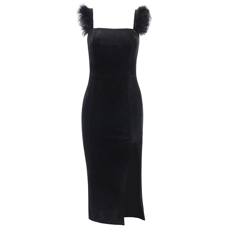 Dame Samt Aftenkjole med Fjerstropper Stilla