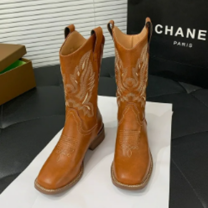 Skovae | Western stil støvler dame med spids tå og blokhæl, cowboy støvler dame