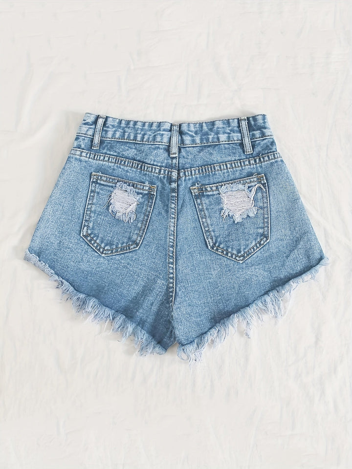 Stilla | Himmelblå Denimshorts Med Flosset Kant Og Rifter