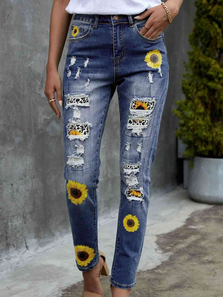 Stilla | Patchwork Solsikke Print Slidt Høj Talje Jeans