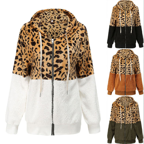 Dame fleecejakke med fashionable leopardmønster og hætte Stilla