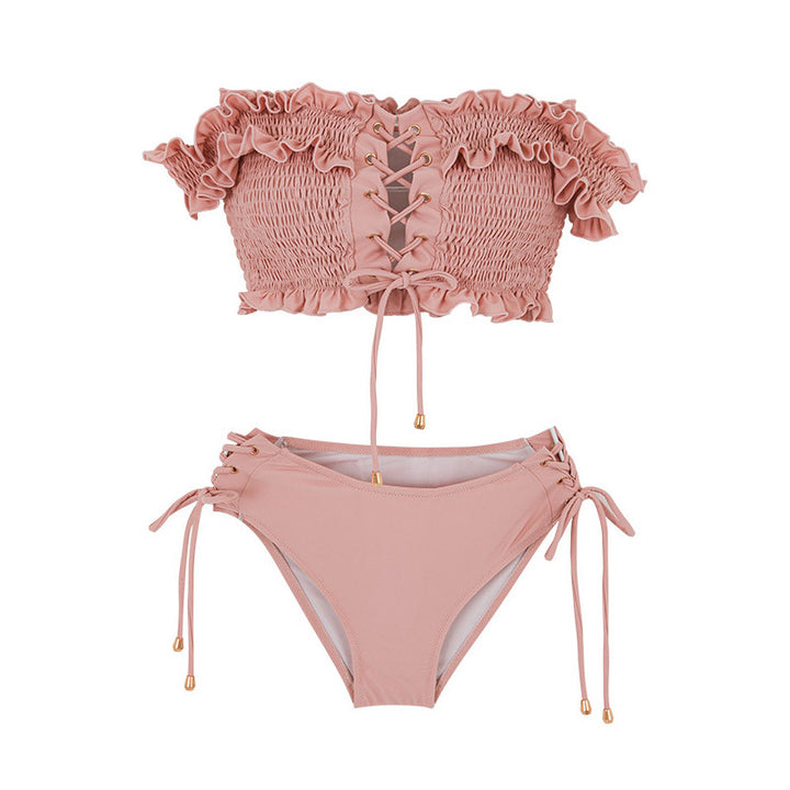 Dame bikini sæt med dekorerede flæser og snøredetaljer Stilla