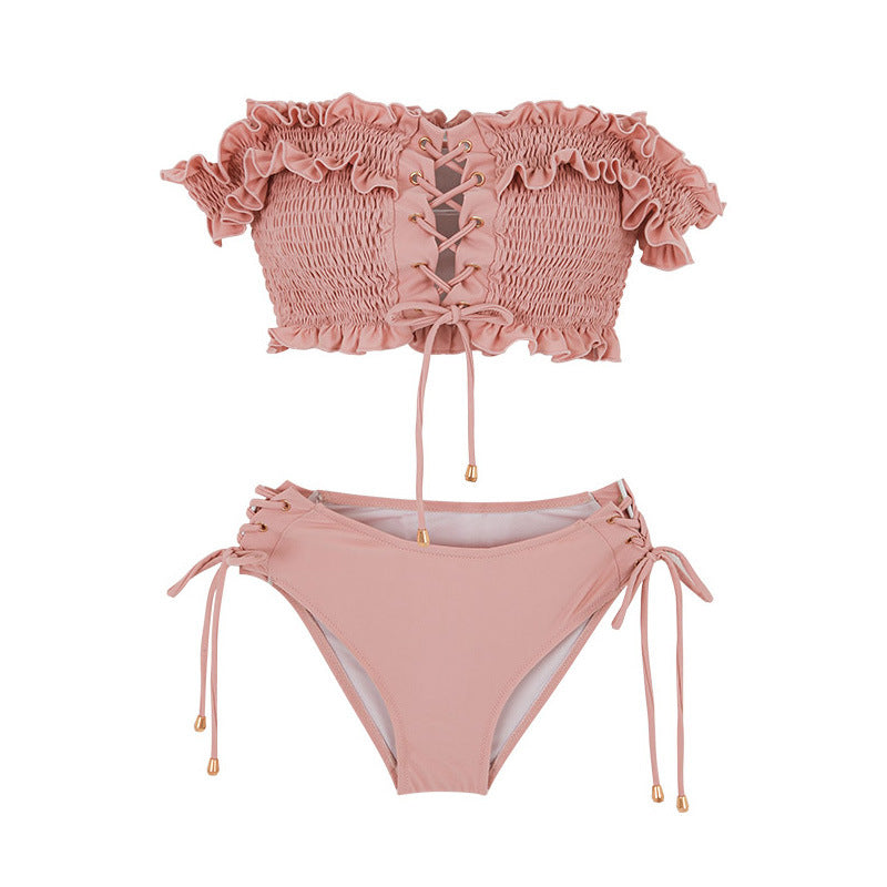 Dame bikini sæt med dekorerede flæser og snøredetaljer Stilla