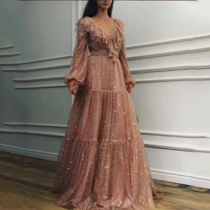 Dame Elegant Maxikjole med Flæse Detaljer og Glimt Effekt Stilla