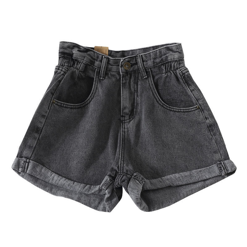 Kvinders højtaljede denimshorts med omskiftelig kant og elastisk talje Skovae