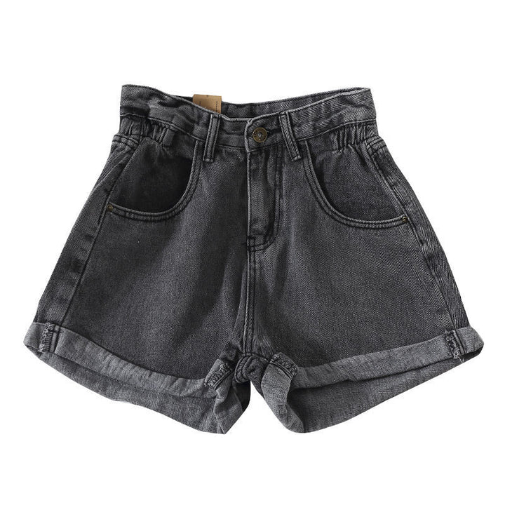 Kvinders højtaljede denimshorts med omskiftelig kant og elastisk talje Skovae