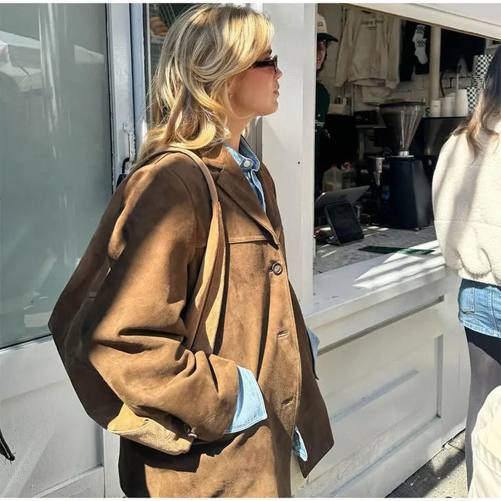 Stilla | Retro Kunstlæder Blazer - Stilfuld Vintage Jakke til Hverdag Og Kontor