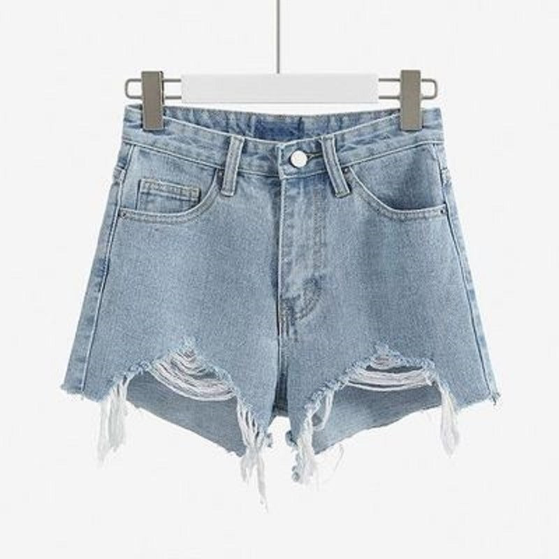 Kvinders ødelagte denimshorts med høj talje og frynset kant