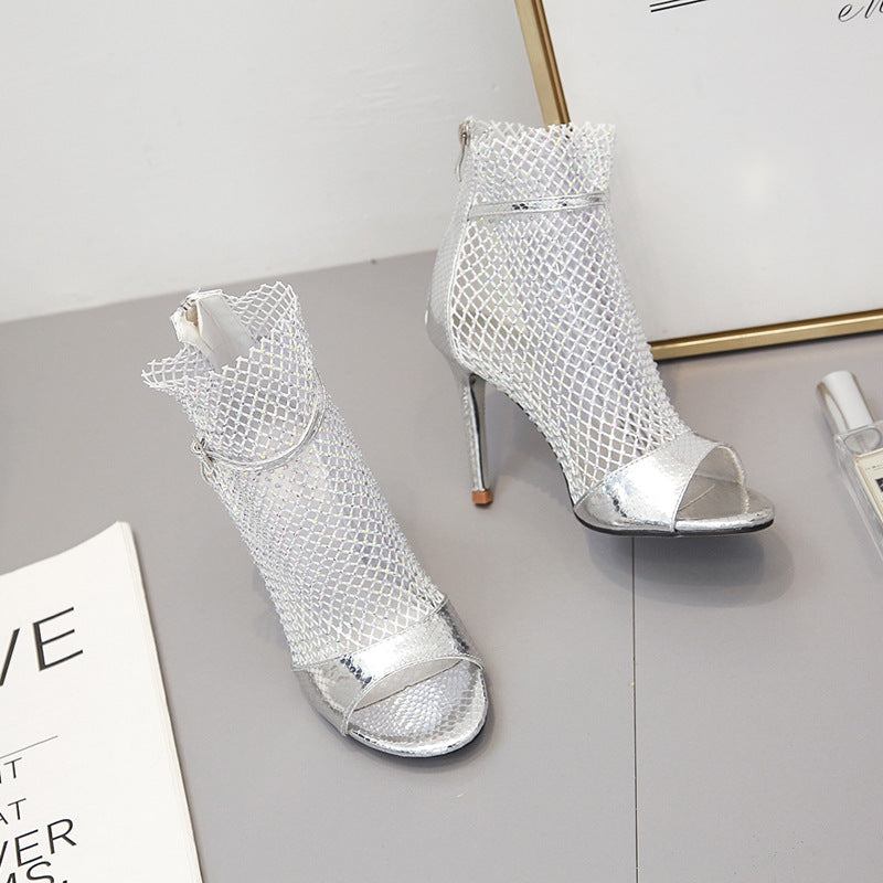 Dame Open-Toe Støvler med glitrende netdetaljer og elegant hæl Stilla