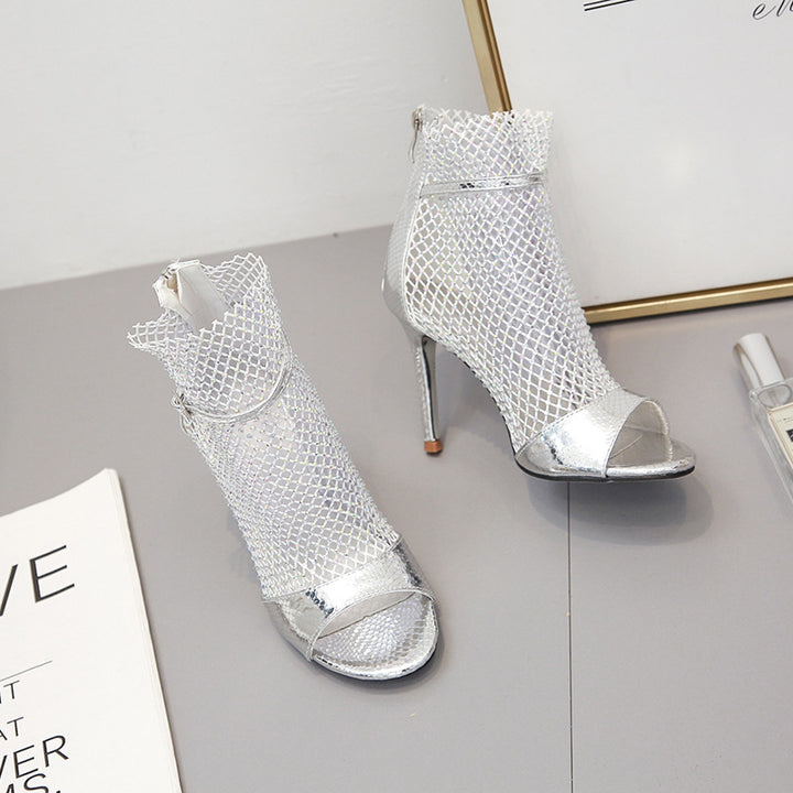 Dame Open-Toe Støvler med glitrende netdetaljer og elegant hæl Stilla