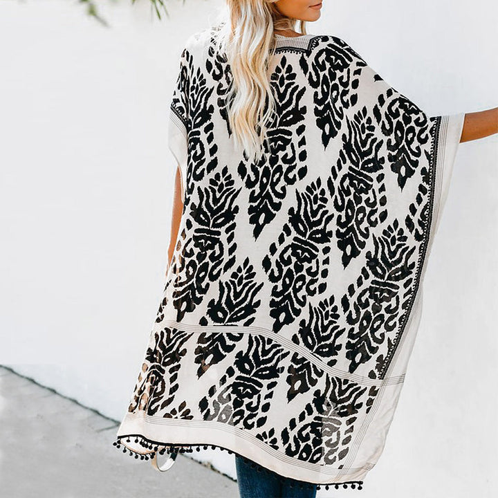 Dame Kimono med kunstnerisk mønstermix og glade frynser Stilla