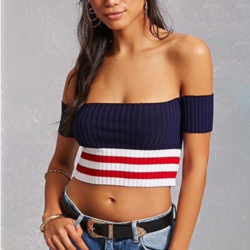 Dame Cropped Top med bred krave og stribemønster Stilla