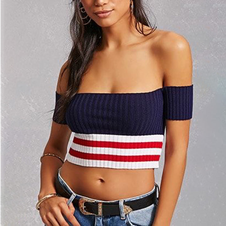 Dame Cropped Top med bred krave og stribemønster Stilla