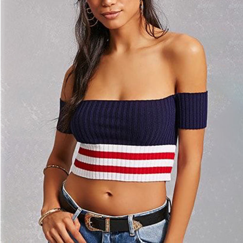 Dame Cropped Top med bred krave og stribemønster Stilla