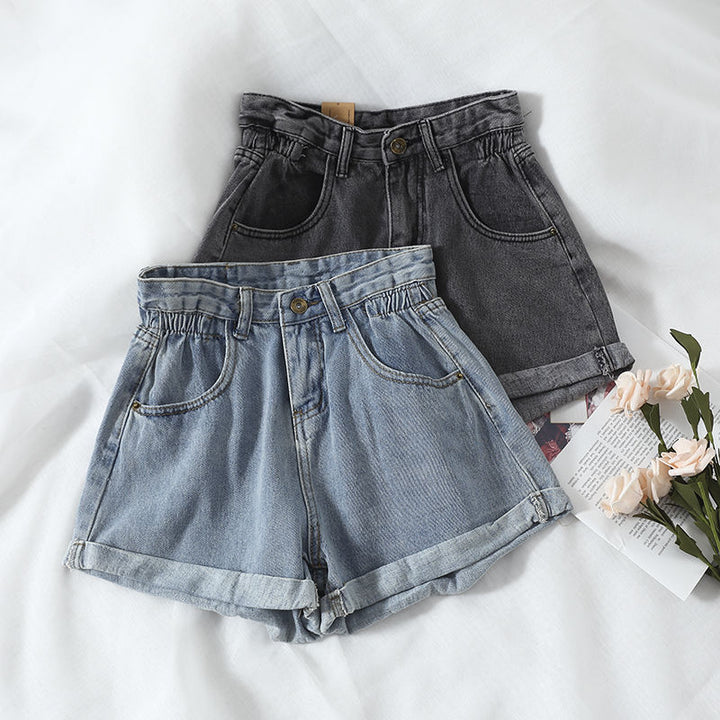 Kvinders højtaljede denimshorts med omskiftelig kant og elastisk talje Skovae