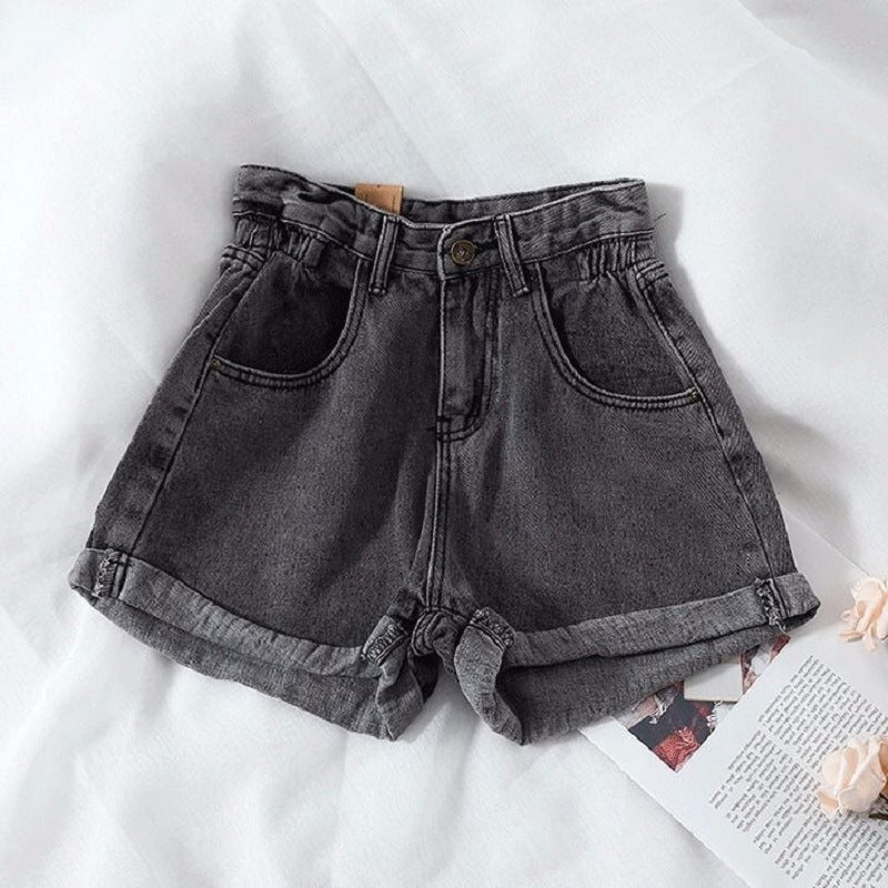 Kvinders højtaljede denimshorts med omskiftelig kant og elastisk talje Skovae