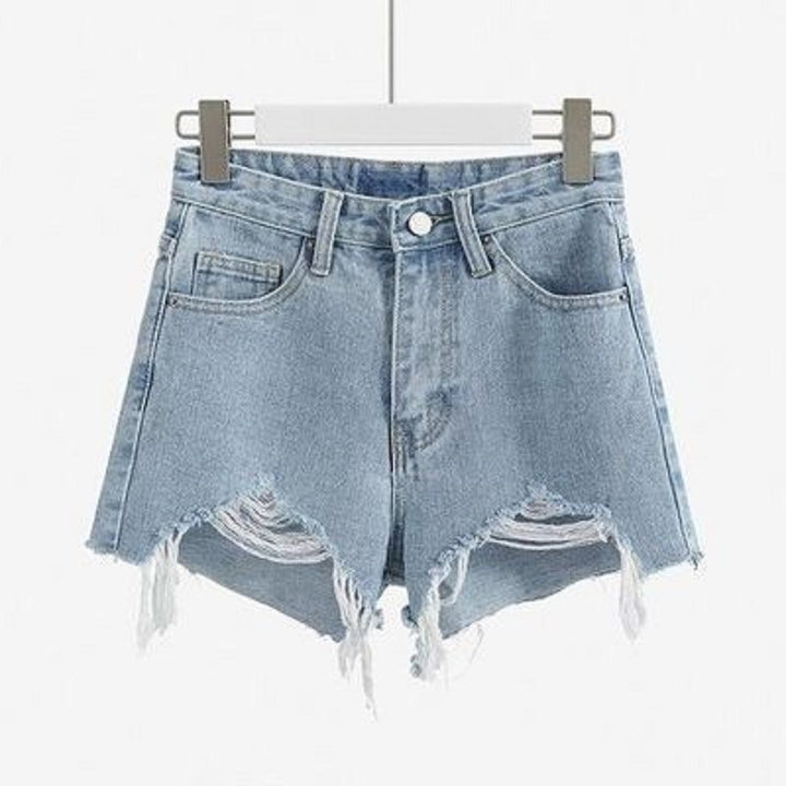 Kvinders ødelagte denimshorts med høj talje og frynset kant