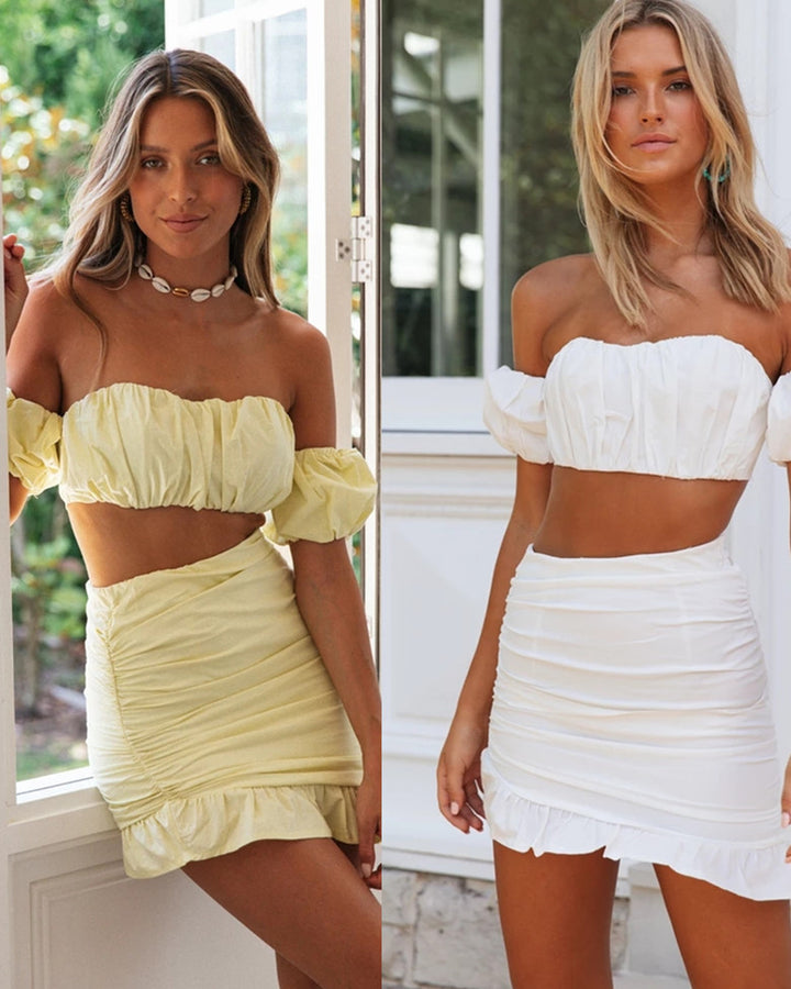 Dame Crop-Top og Miniour Set med Flæse detaljer Stilla