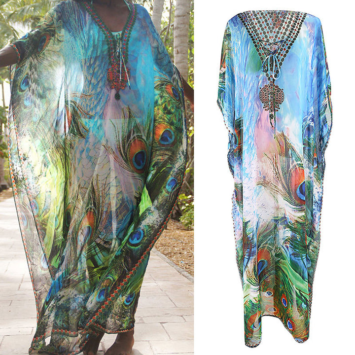 Dame Strandkimono med kunstnerisk påfuglemotiv og elegante accenter Stilla
