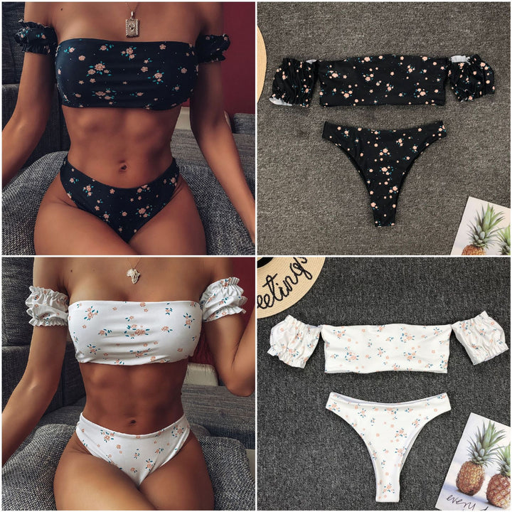 Dame bikini-sæt med romantisk blomsterdesign og stilfulde puffærmer Stilla