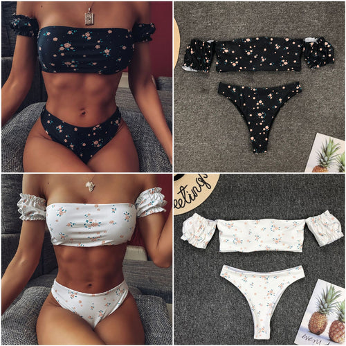 Dame bikini-sæt med romantisk blomsterdesign og stilfulde puffærmer Stilla