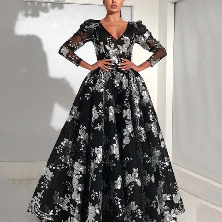 Dame Elegant Ballkjole med blomster mønstre og gennemsigtige ærmer Stilla