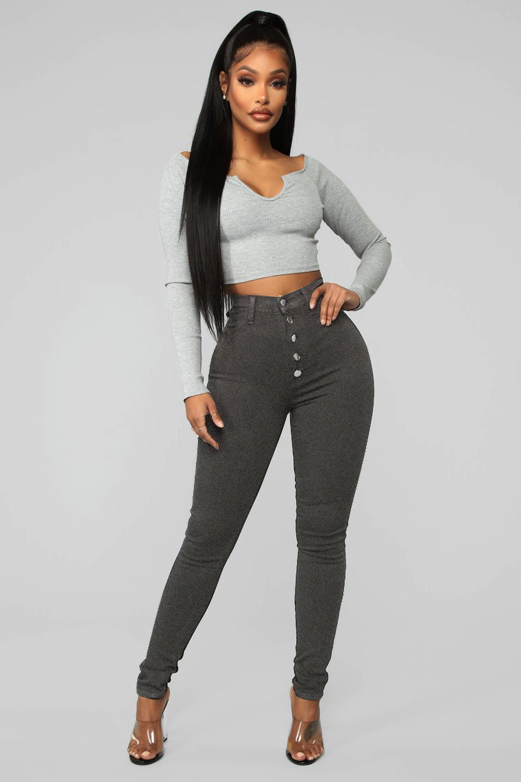 Dame højtaljede skinny jeans med fashionable knaplukning og elastisk pasform Stilla