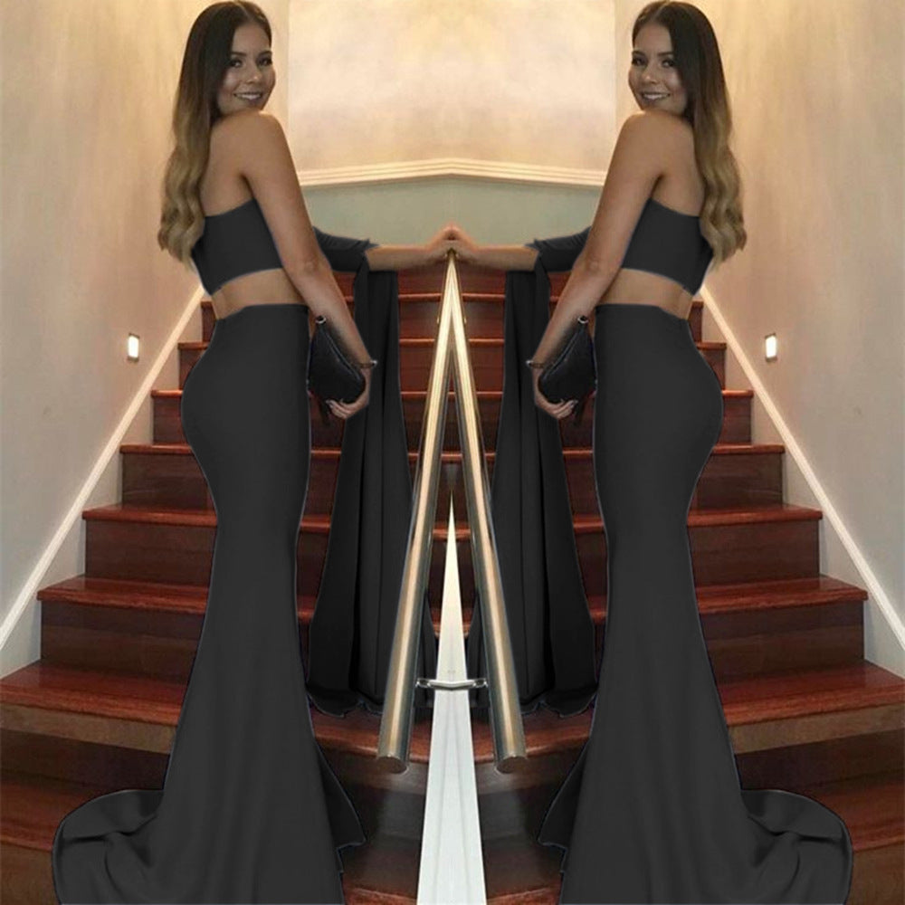 Kvinders elegante off-the-shoulder aftenkjole med asymmetrisk snit og flydende stof
