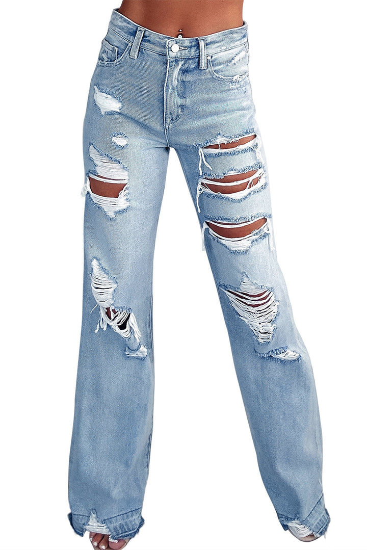 Stilla | Blå Vintage Slidte Rivne Bred Ben Jeans