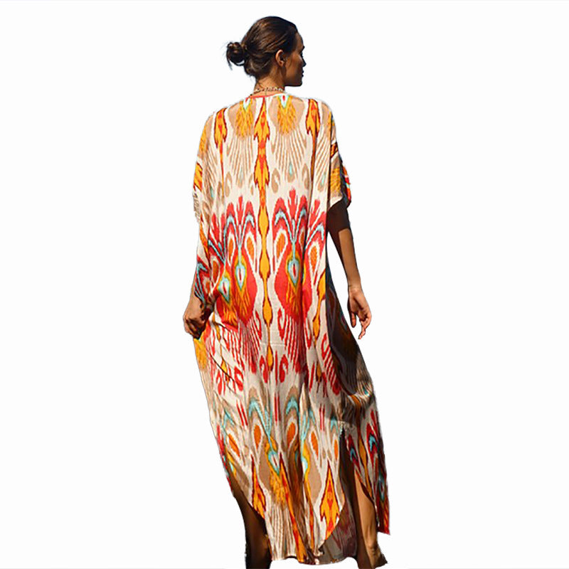 Dame Kaftan Kjole med farverigt Ikat-mønster og elegante perlebesætninger Stilla