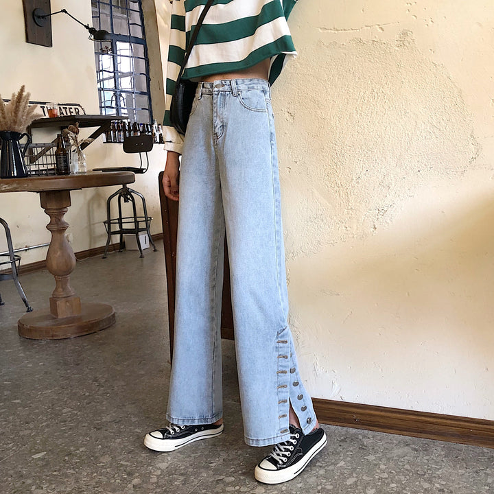 Kvinders brede jeans med dekorative knapdetaljer Stilla