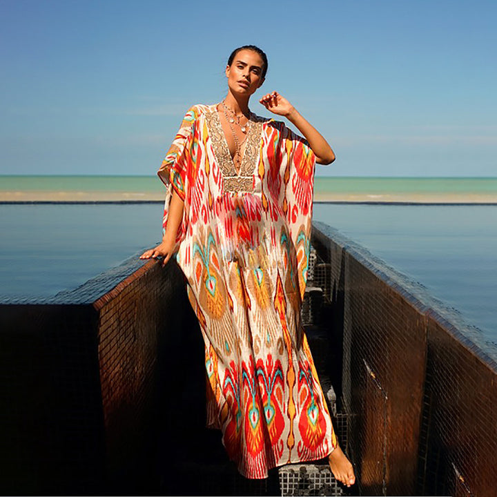 Dame Kaftan Kjole med farverigt Ikat-mønster og elegante perlebesætninger Stilla