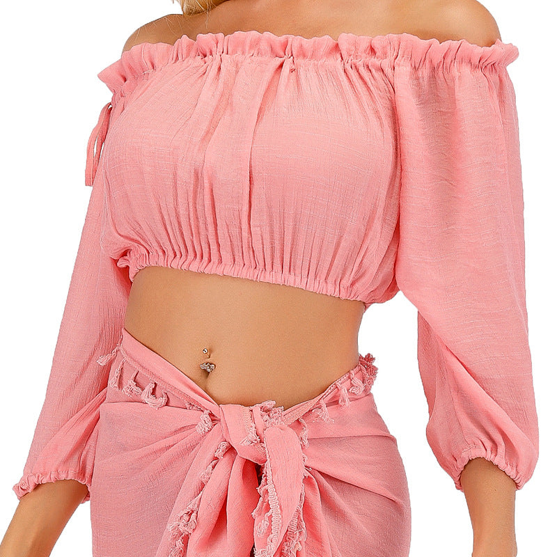 Dame crop-top med off-shoulder design og elastisk bånd Stilla
