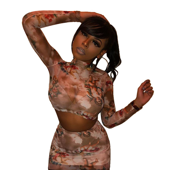 Dame Crop Top og Mini Nederdel Sæt med Kunstmotiv Stilla