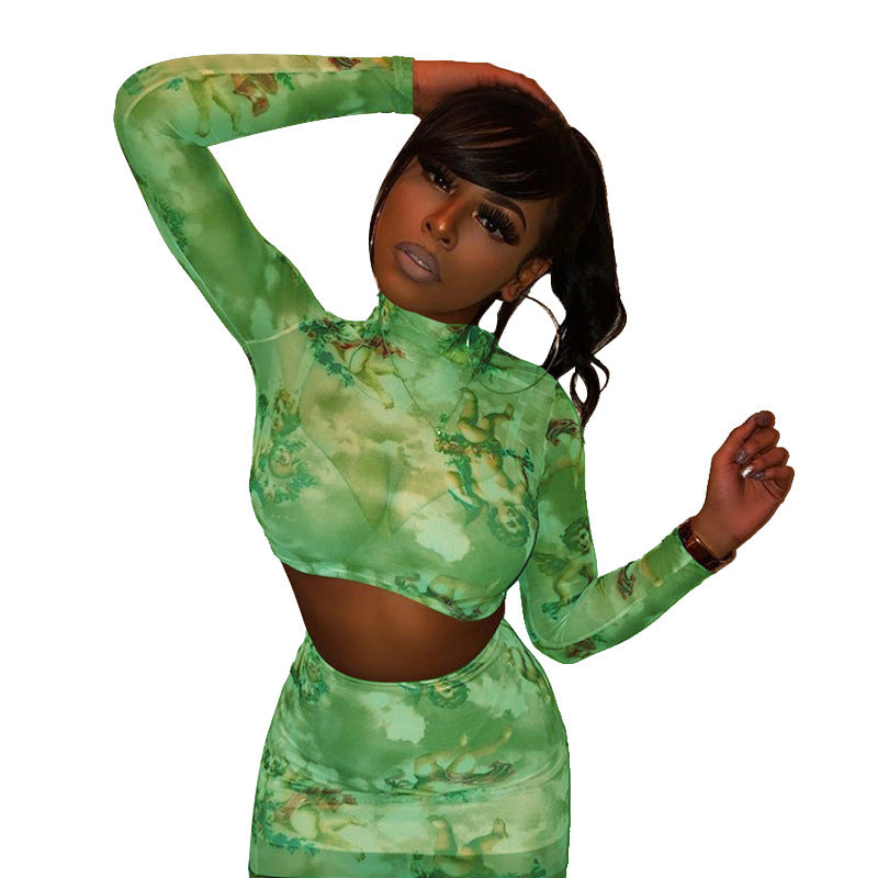 Dame Crop Top og Mini Nederdel Sæt med Kunstmotiv Stilla