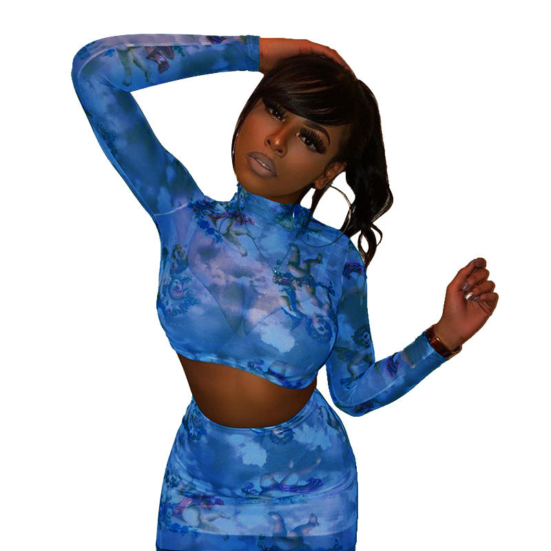 Dame Crop Top og Mini Nederdel Sæt med Kunstmotiv Stilla