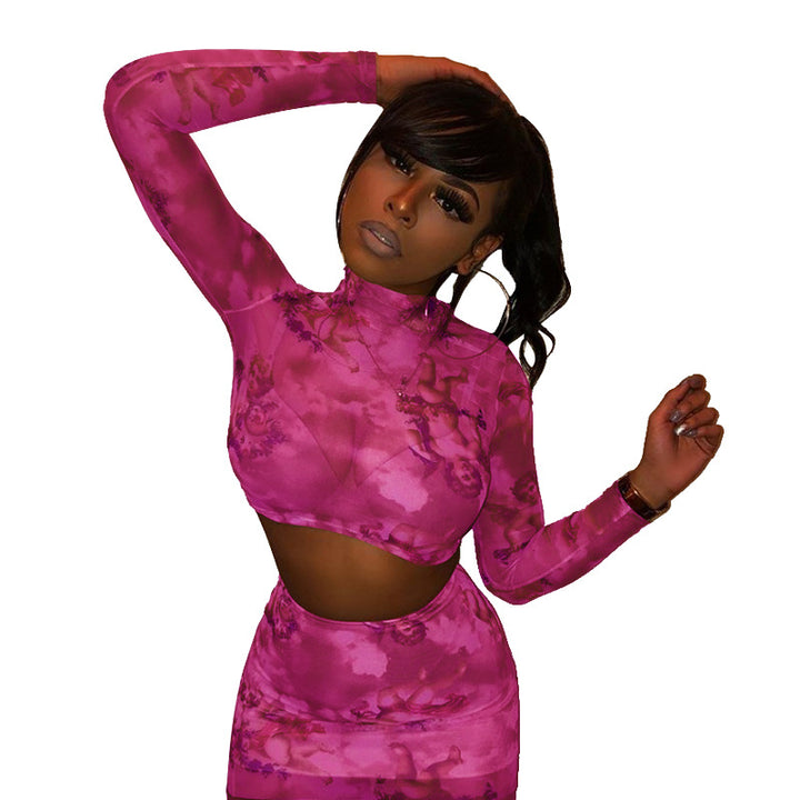 Dame Crop Top og Mini Nederdel Sæt med Kunstmotiv Stilla