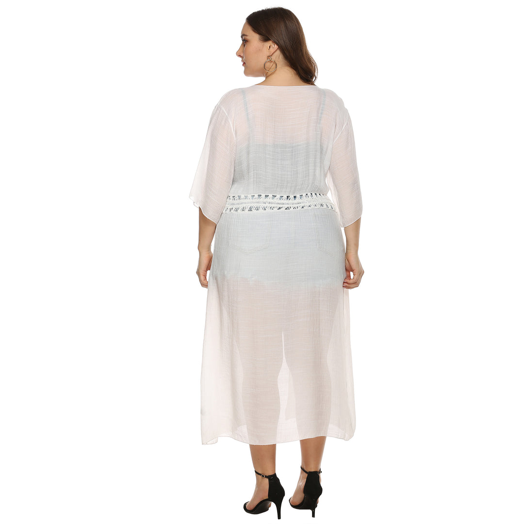 Dame luftig Strandkimono i blødt stof med raffineret hæklebælte Stilla