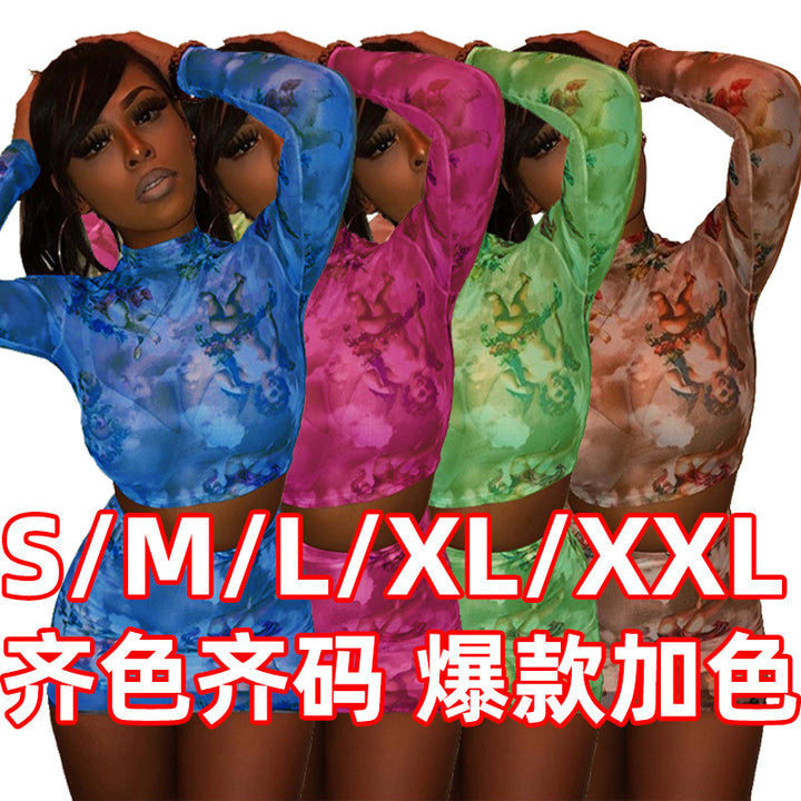 Dame Crop Top og Mini Nederdel Sæt med Kunstmotiv Stilla