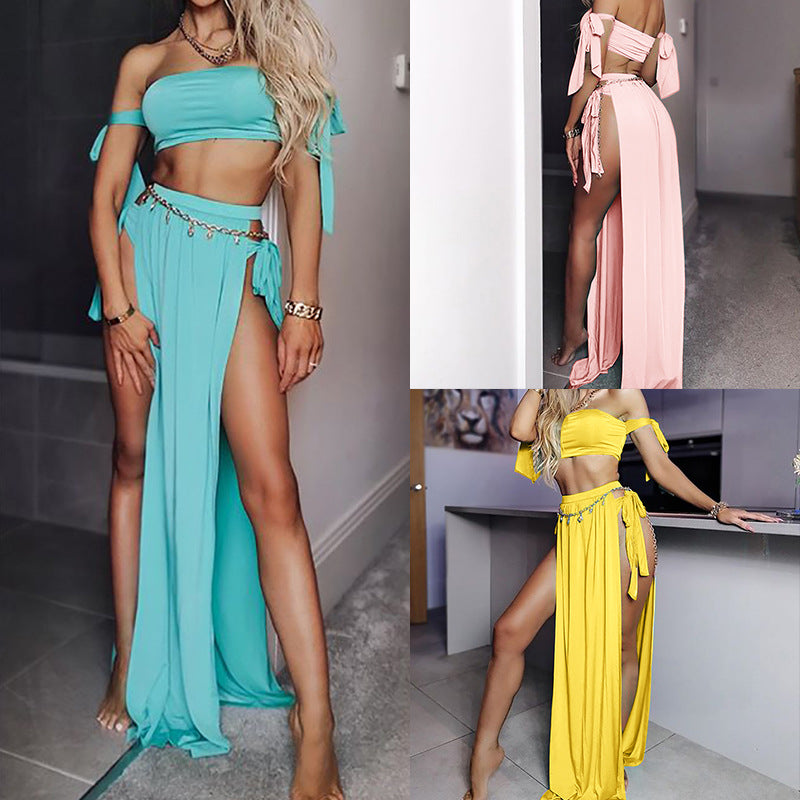 Dame To-delt Strand-outfit med Crop-top og Højtaljet nederdel Stilla