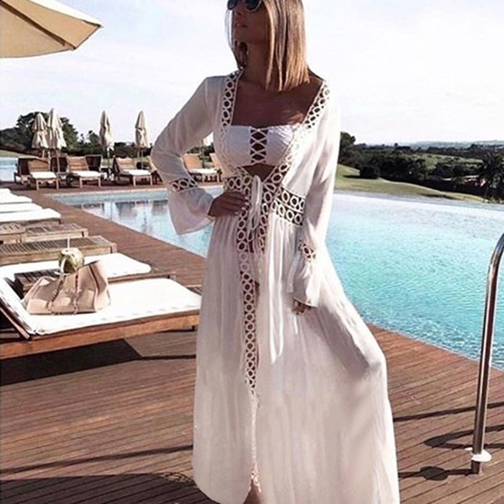 Dame Strandkimono med raffineret blonde og lange ærmer Stilla
