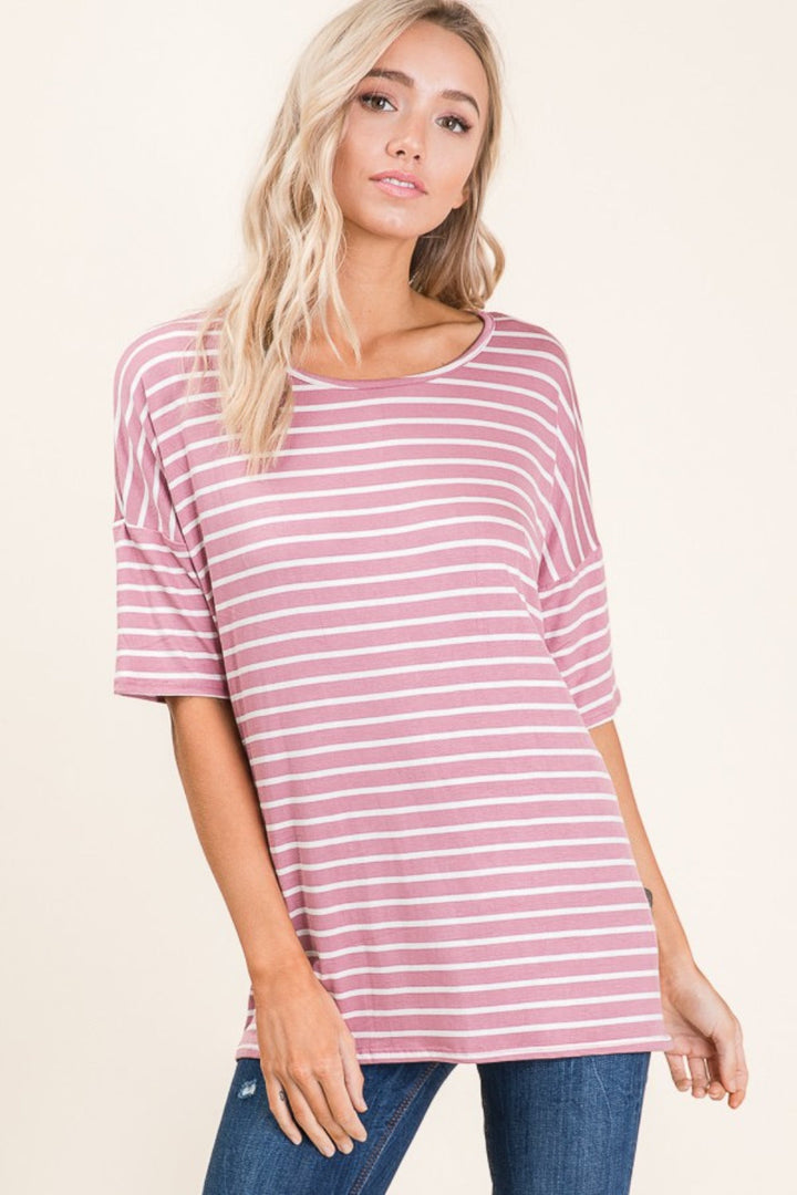 Stilla | Stribet Rund Hals Halv Ærme T-Shirt