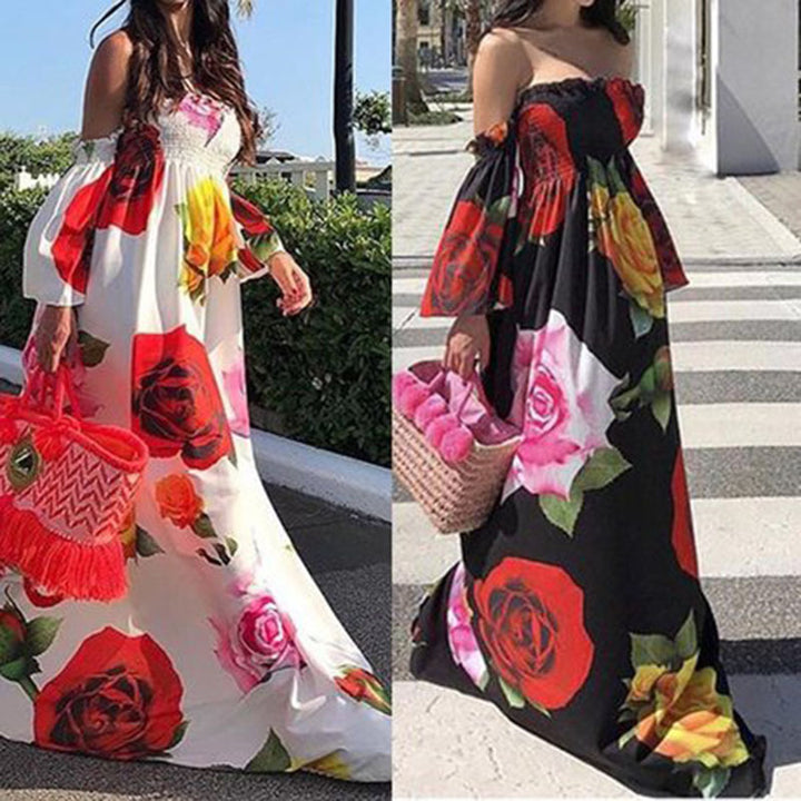 Dame Off-Shoulder Maxikjole med blomstret design og voluminøse ærmer Stilla