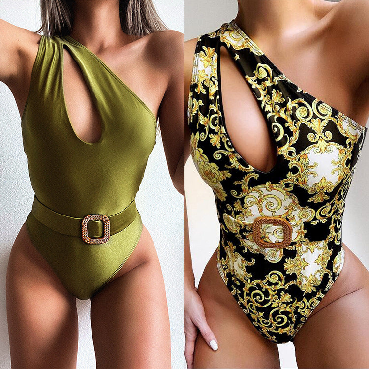 Dame Cut-Out Énhet Badedragt med asymmetrisk design og taljebælte Skovae